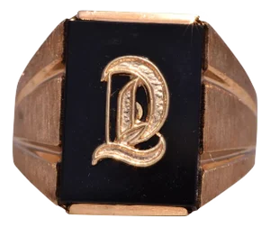 The Lati: Vintage Gentleman's Onyx and Carved L Initial Cocktail Ring in Yellow Gold
