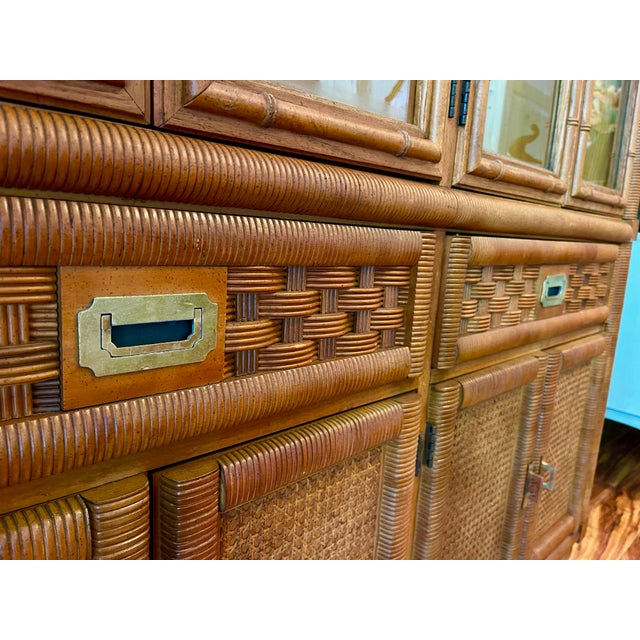Wood 1980’s Rattan Wrapped Faux Bamboo Lighted China Cabinet For Sale - Image 7 of 11