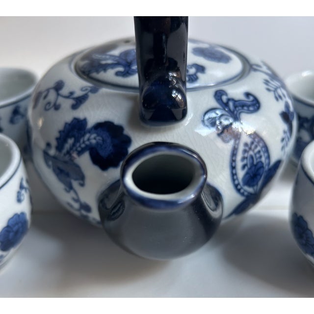 Vintage Pier 1 Imports White & Blue Chinoiserie Style Tea Set for 4 For Sale - Image 11 of 17