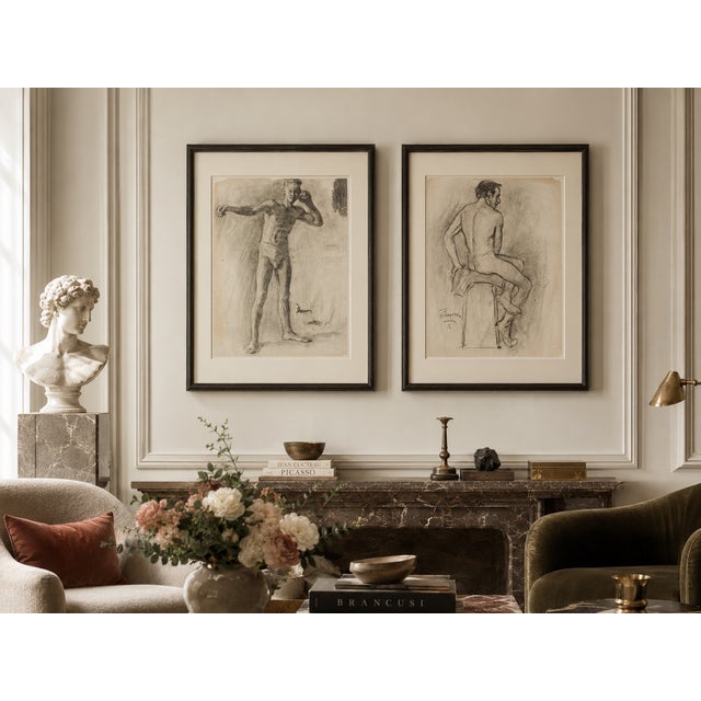 Academic Male Figure Study and Seated Male Nude - Brown C. 1915 For Sale - Image 16 of 18