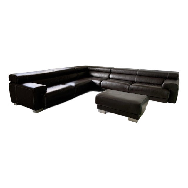 Modernist Espresso Italian Leather Sectional & Ottoman For Sale