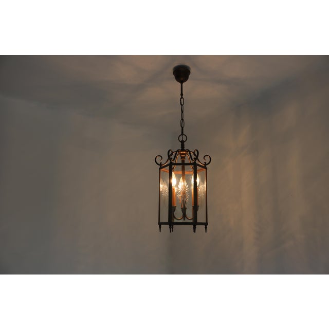 1950s French Neoclassical Brass and Star Etched Glass Hanging Lantern, 1950s For Sale - Image 5 of 13