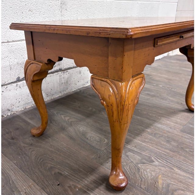 Vintage Queen Anne Style Parquet Style Top Carved Coffee Table W/ Pull Out Tray For Sale - Image 9 of 12