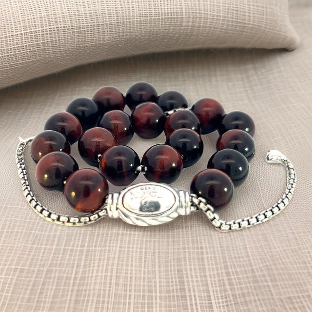 1990s David Yurman Tiger Eye Spiritual Beads Bracelet 6.6 - 8.5" Silver 8 mm Estate For Sale - Image 16 of 16
