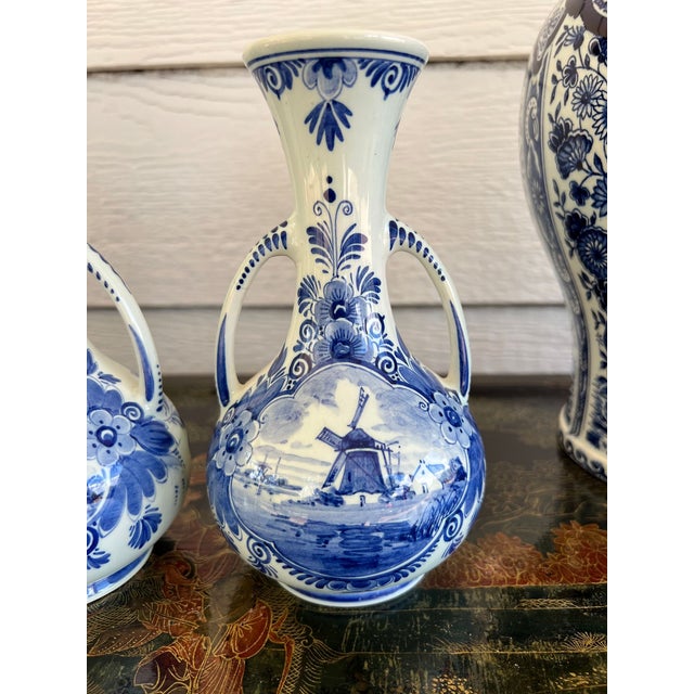 Mid 20th Century Pair Petite Vintage Delft Vases Blue & White Windmilll Hand Painted Bud Vases For Sale - Image 5 of 18