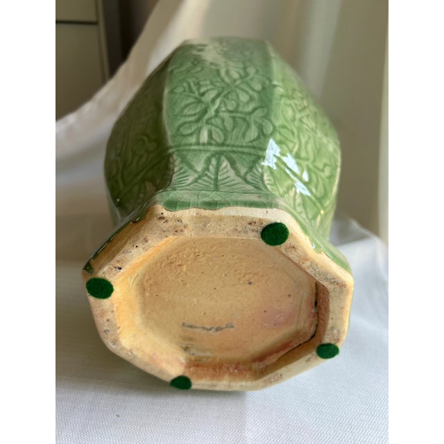Vintage 1970s Chinese Export Chinoiserie Eight Sided Floral Embossed Celadon Vase For Sale - Image 9 of 12