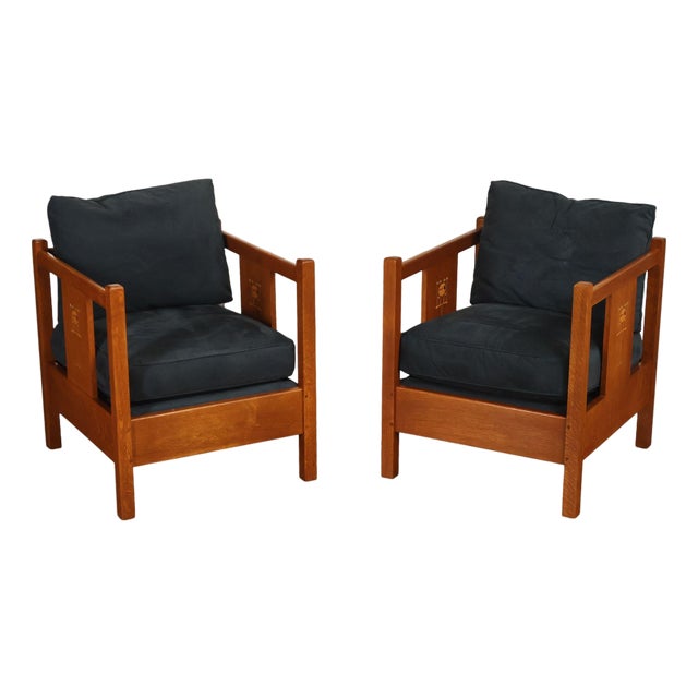 Stickley Mission Harvey Ellis Pair Of Inlaid Cube Chairs For Sale