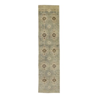 Early 21st Century Blue & Brown Geometric Design Handwoven Wool Vintage Turkish Oushak Runner 2'10" X 11'1" For Sale