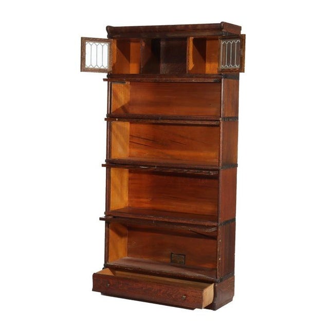 Antique Globe Wernicke Arts & Crafts Oak Five Stack Barrister Bookcase with Leaded Glass Section Signed C1920 Measures -...
