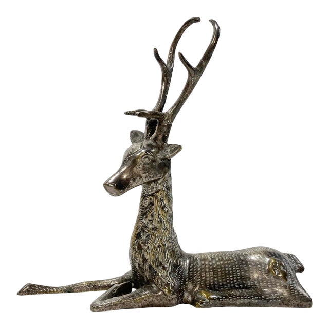 Large Vintage Etched Silver Plate Seated Deer For Sale