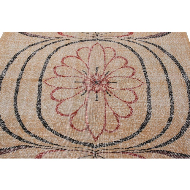 Hand-Knotted Vintage Mid-Century Distressed Rug, Beige, Black Red Deco Medallion For Sale - Image 4 of 6