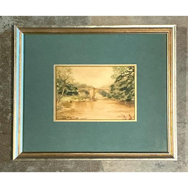 Wood Vintage Bridge Landscape Art in Frame For Sale - Image 7 of 13