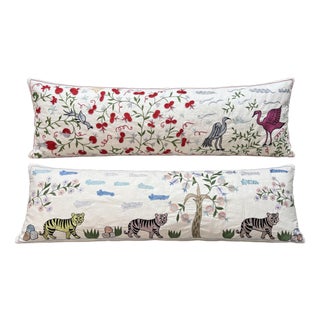 White Tiger Suzani Lumbar Pillow Cover 18'' X 56'' - Set of Two For Sale