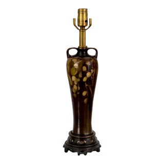 Antique Weller Pottery Table Lamp With Floral Motif and Cast Metal Base For Sale