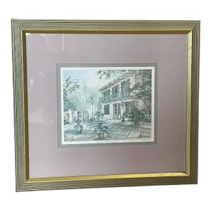 Vintage Lithograph Maison De Villa Courtyard, New Orleans Signed L. Restrepo 88'