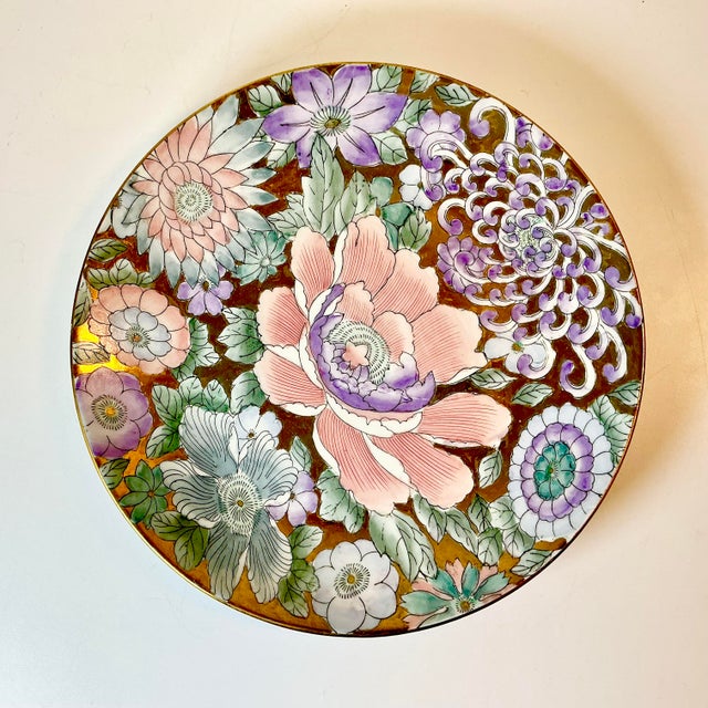 1980s Vintage Chinoiserie Hollywood Regency Boho Chic Peony Decorative Plate. For Sale - Image 6 of 14