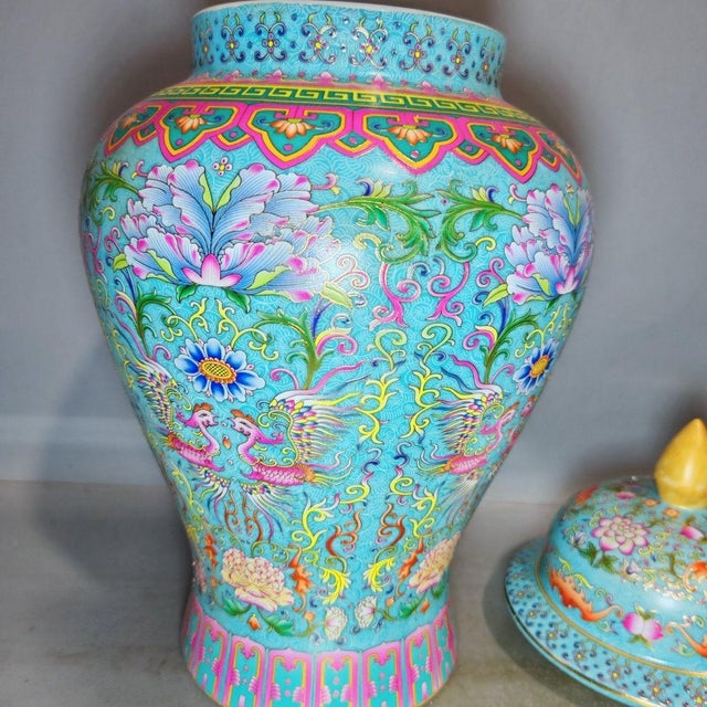 Blue Pair of Large Vintage Cloisonné Enamel Phoenix & Lotus General Jars For Sale - Image 8 of 9