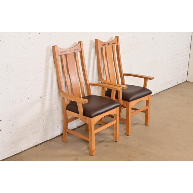 Charles Rennie Mackintosh Charles Rennie Mackintosh Style Arts & Crafts Inlaid Oak High Back Armchairs, Pair For Sale - Image 4 of 12