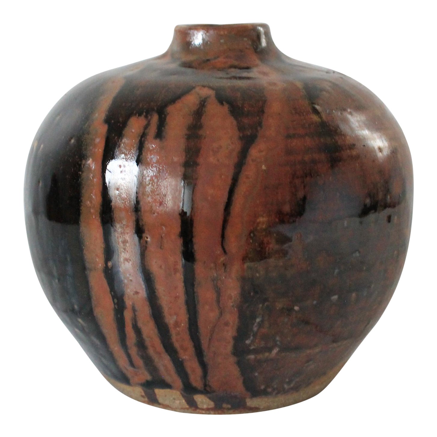 Vintage Studio Art Pottery Brown & Black Drip Glaze Vase | Chairish