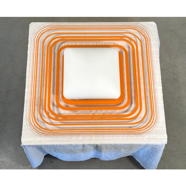 1970s ceiling light by Aureliano Toso, transparent and orange glass frame, opal white glass diffuser, can also be placed...