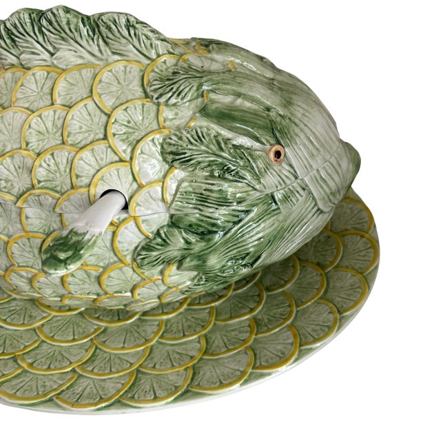 Absolutely stunning very large Italian majolica glazed fish tureen. Lovely green and yellow bright beautiful colors....