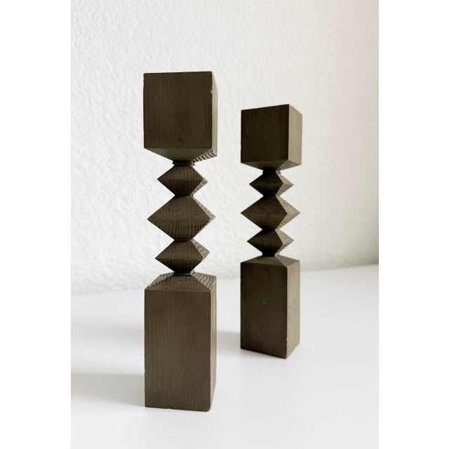 Mid-Century Modern Vintage Wooden Zigzag Candlesticks, Mid 20th Century For Sale - Image 3 of 7
