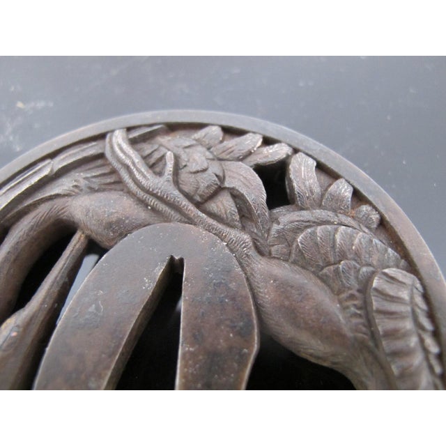 Metal Japanese Iron Openwork Triple Crane Design Tsuba Katana Samurai Sword Guard For Sale - Image 7 of 10
