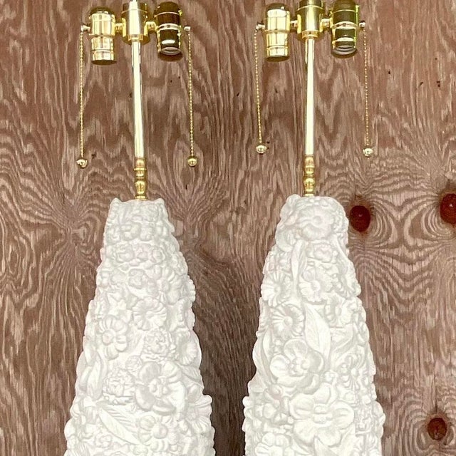 Vintage Coastal Monumental Plaster Floral Table Lamps - a Pair For Sale - Image 11 of 12