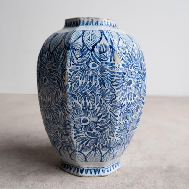 Mid 18th Century Antique Dutch Delft Vase With Blue and White Chinoiserie Floral Decoration 18th C For Sale - Image 5 of 12