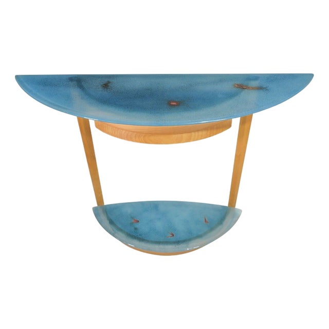 Mid 20th Century Beech Entryway Console Table With Turquoise Art Glass With Copper Infusions For Sale