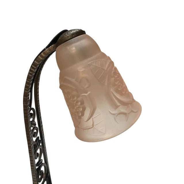 Wrought Iron and Molded Glass Table Lamp, 1930s, in Very Good conditions. Designed 1920 to 1949 This piece is attributed...