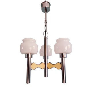 Space Age Chandelier in Chromed Metal and White Opaline Glass by G. Sciolari for Boulanger, 1970s For Sale