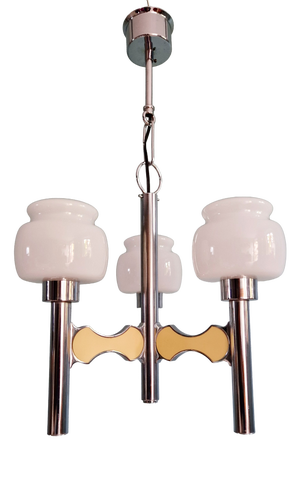 Space Age Chandelier in Chromed Metal and White Opaline Glass by G. Sciolari for Boulanger, 1970s