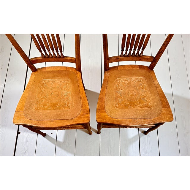 Farmhouse Antique Oak Spindle Chairs-Tooled Leather Seats-1900s Restored-Farmhouse-Rustic For Sale - Image 3 of 11