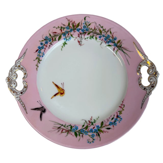 Art Nouveau Antique French Floral & Butterfly Pink Limoges Porcelain Cake Plate For Sale - Image 3 of 5