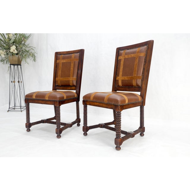 Pair of Turned Legs & Stretchers Large Leather Upholstery Side Chairs MINT! For Sale - Image 14 of 14