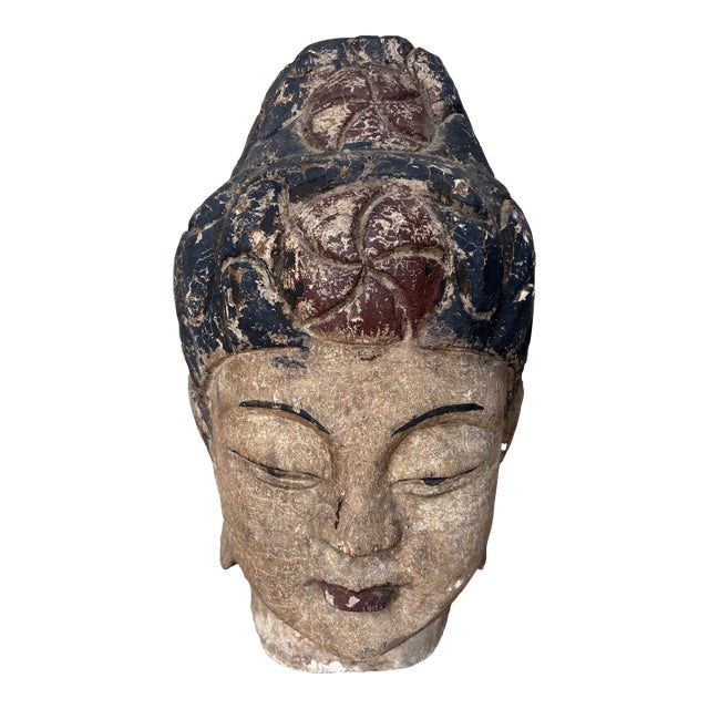 Carved and Polychromed Wooden Buddha Head For Sale