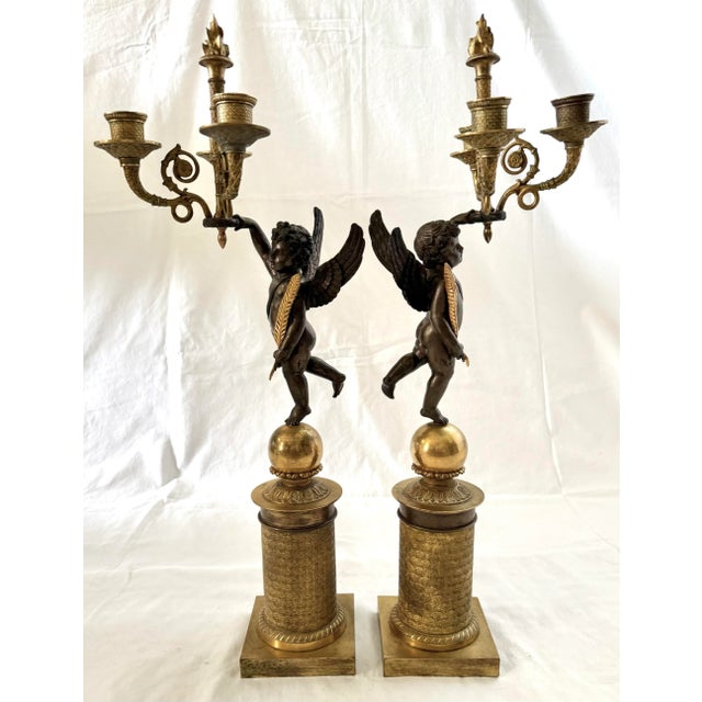 A fine pair of Early 19th c. French Restauration Period c.1815-1820 ormolu and patinated bronze candelabras. Spectacular...
