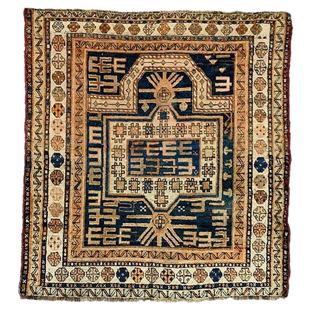 Vintage Blue & Rust Dagestan Kazak Rug For Sale