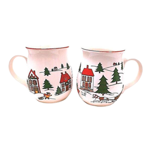1980s Jamestown China 2 Cups Joy of Christmas Coffee Mug Winter Trees Sleigh Ceramic