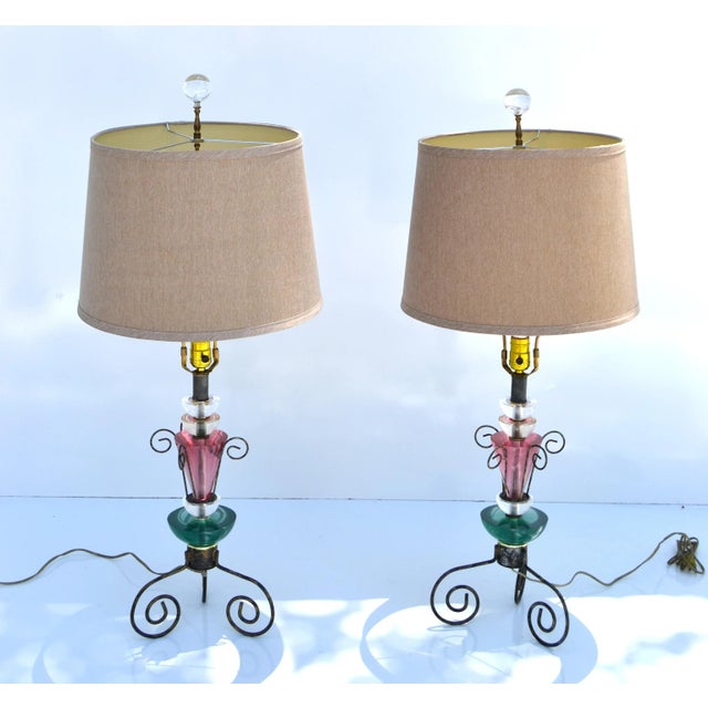 Set, Van Teal Green & Pink Lucite Table Lamps Gold Shades Mid-Century Modern 70 For Sale - Image 13 of 13