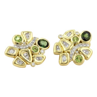 Mid 20th Century Pair of Seidengang Diamonds Green Tourmaline & Peridot 18k Yellow Gold Fancy Earrings For Sale