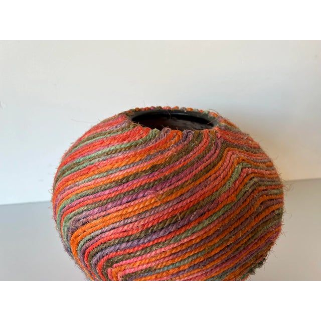 80's Vintage Colorful Woven Jute Macrame Fiber Art Vase For Sale - Image 11 of 13