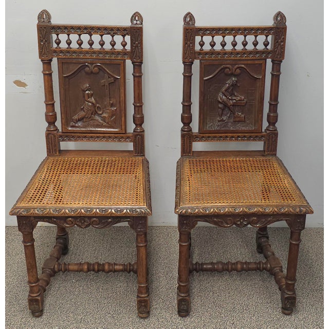 Wood Mid 20th Century Pair Jacobean Style Carved Oak and Caned Seat Side Chairs For Sale - Image 7 of 14