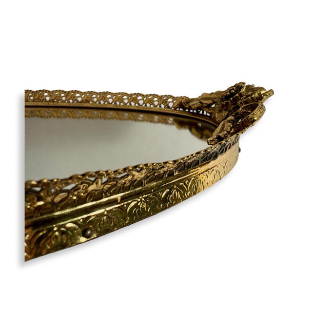 French Vintage French Oval Mirrored Vanity Tray With Gilt Floral Filigree, Circa 1950s For Sale - Image 3 of 10