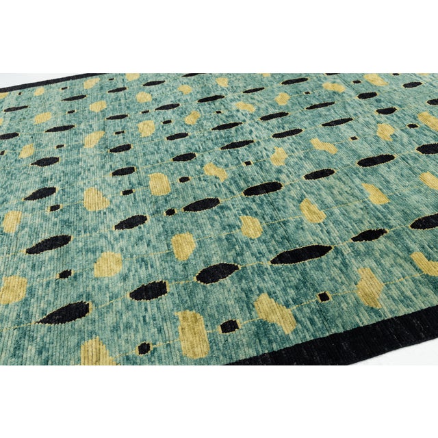 Azure Rain Modern Abstract Teal & Gold Moroccan Style Wool Rug 10x14 For Sale In New York - Image 6 of 12
