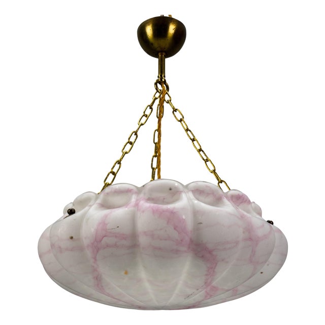 Art Deco White and Pink Marbled Glass and Brass Pendant Light, 1930s For Sale