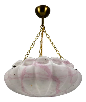 Art Deco White and Pink Marbled Glass and Brass Pendant Light, 1930s