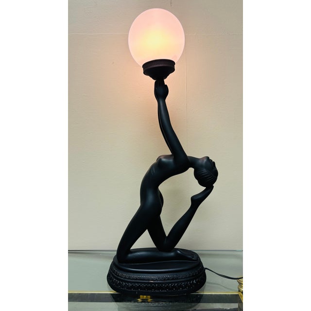 Art Deco Elegant Art Deco Style Black Women Figural Table Lamp With Frosted Globe Shade Hollywood Regency For Sale - Image 3 of 9