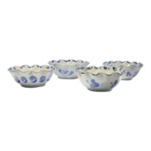 1940s Stoneware Salt Glazed Cobalt Blue Ruffled Small Individual Bowls - Set of 4